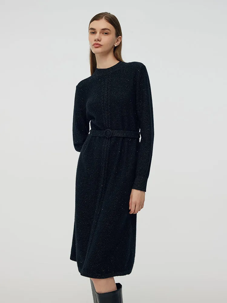 Wool Blend Women Midi Dress With Belt