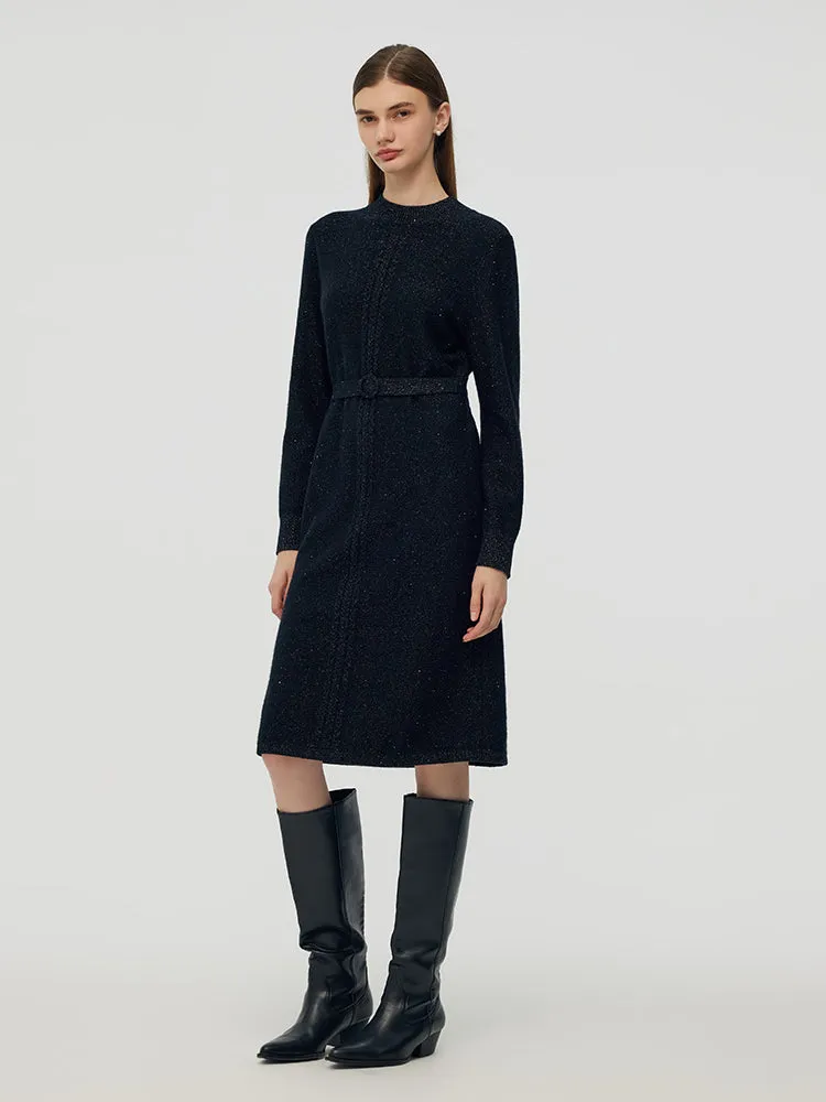 Wool Blend Women Midi Dress With Belt