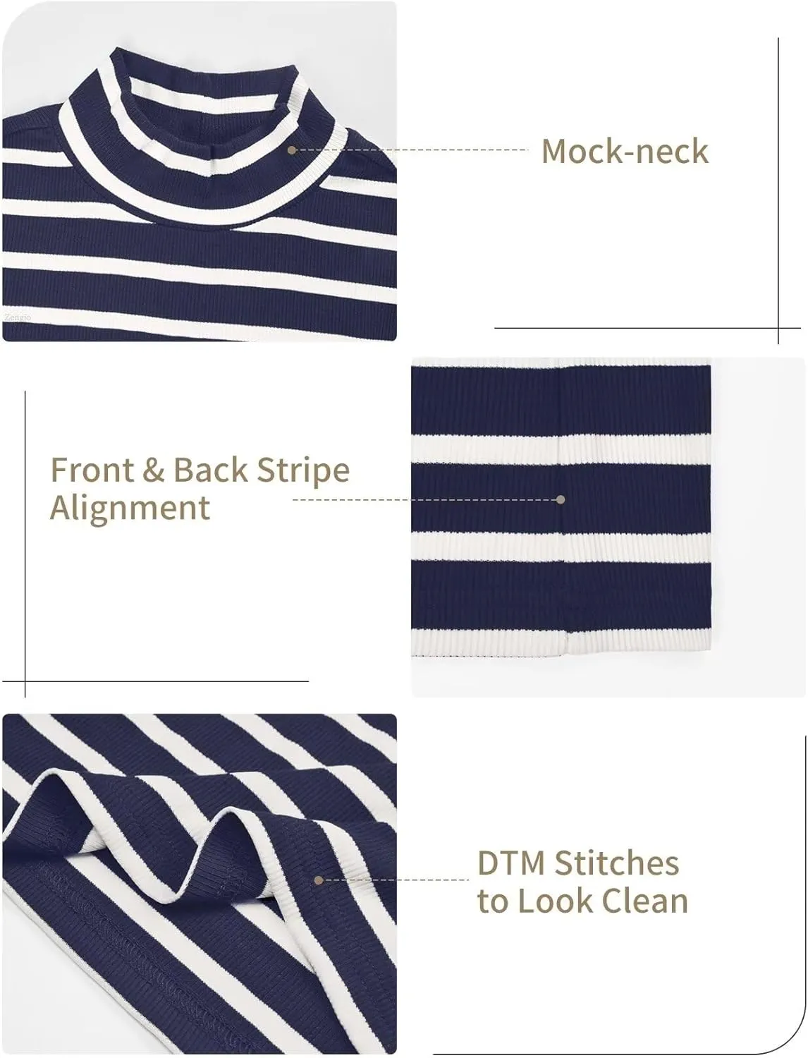 Zengjo Striped Turtleneck Women Long Sleeve Shirt - Fitted Ribbed Mock Neck Basic Layering Undershirt