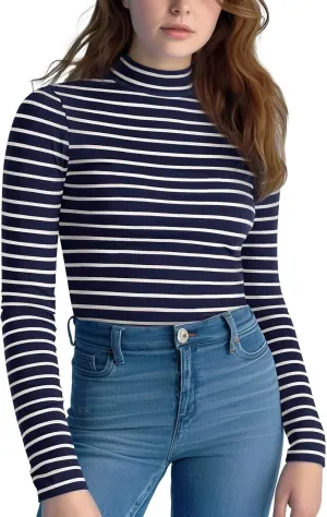 Zengjo Striped Turtleneck Women Long Sleeve Shirt - Fitted Ribbed Mock Neck Basic Layering Undershirt